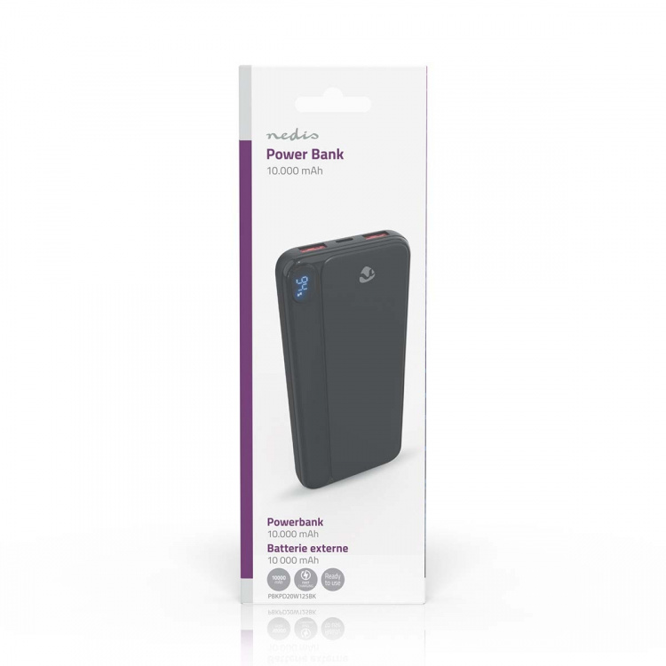 Nedis Powerbank | 10000 mAh | 1.5 / 1.67 / 2.0 / 2.22 / 3.0 A | Antal output: 3 | Output tilslutning: 1x USB-C™ / 2x USB-A | Input forbindels: 1x USB-C™ | PD3.0 20W | Lithium-polymer | Display