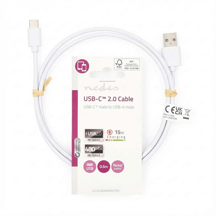 Nedis USB-kabel | USB 2.0 | USB-A Han | USB-C™ Han | 15 W | 480 Mbps | Nikkelplateret | 0.50 m | Runde | PVC | Hvid | Label