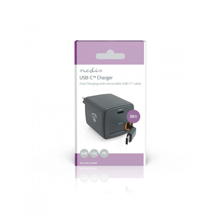 Nedis Vægoplader | Med udtrækkeligt kabel | 30 W | GaN | PD3.0 30W | 1.5 / 2.0 / 2.5 / 3.0 A | Antal output: 1 | USB-C™ | USB-C™ udtrækkeligt kabel | 0.75 m | Automatisk Valgt Spænding | Sort
