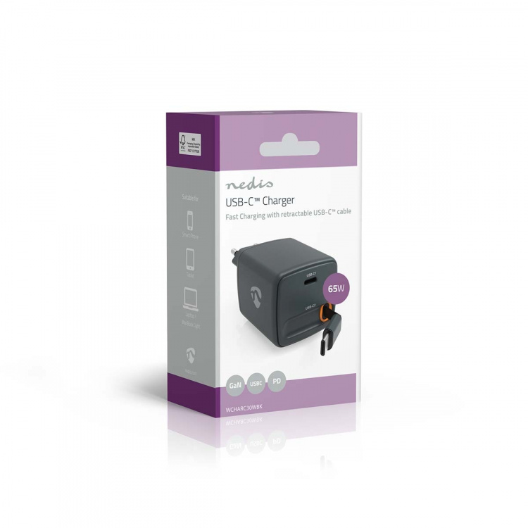 Nedis Vægoplader | Med udtrækkeligt kabel | 65 W | GaN | PD3.0 30W | 3.0 / 3.25 A A | Antal output: 1 | USB-C™ | USB-C™ udtrækkeligt kabel | 0.75 m | Automatisk Valgt Spænding | Sort