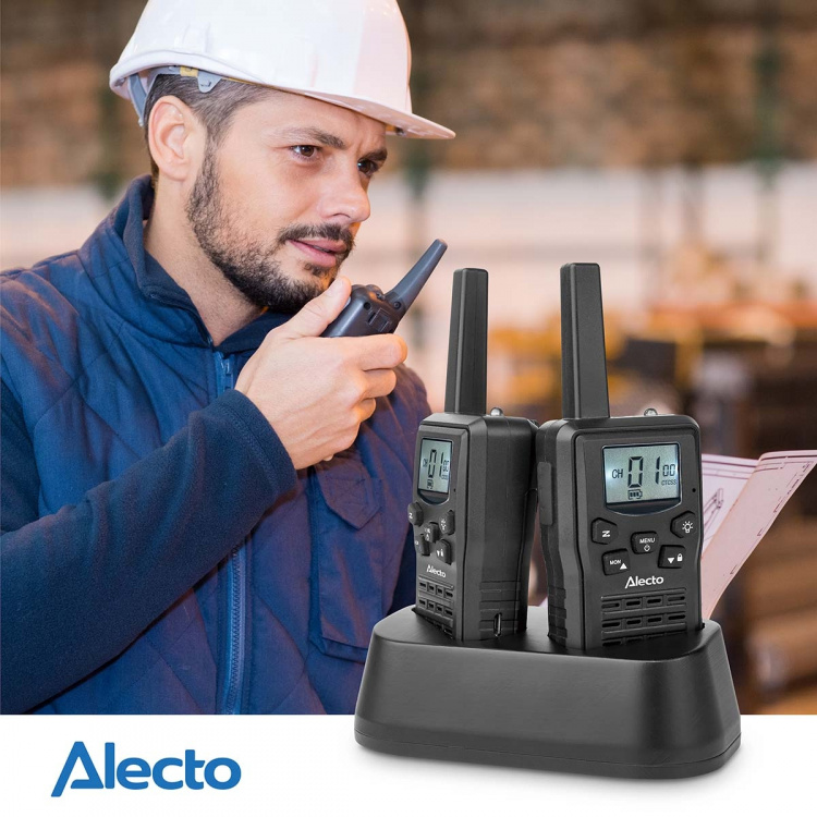 Alecto Walkie-Talkie-sæt | 2 håndsæt | Op til 10 km | Frekvenskanaler: 8 | PTT / VOX | 24 timers standby | Opladningsbase inkluderet | Hovedtelefonudgang | Sort