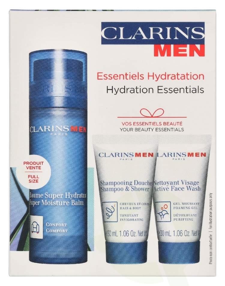 Clarins Men Hydration Essentials Set 110.9 ml Super Moisture Balm 50ml/Shampoo & Shower Gel 30ml/Facial Cleanser 30ml/Double Serum Eye 0,9ml