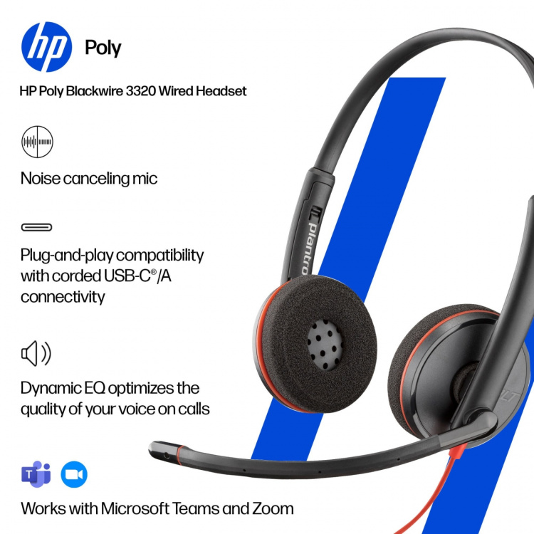 poly Blackwire 3320 stereohovedtelefon med mikrofon, USB-C, Microsoft Teams-certificeret (8X220AA)