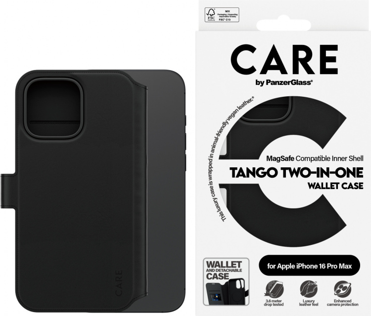 PanzerGlass CARE by PanzerGlass Tango Two-in-One Wallet Case MagSafe-kompatibelt lommebogset, Apple iPhone 16 Pro Max, sort
