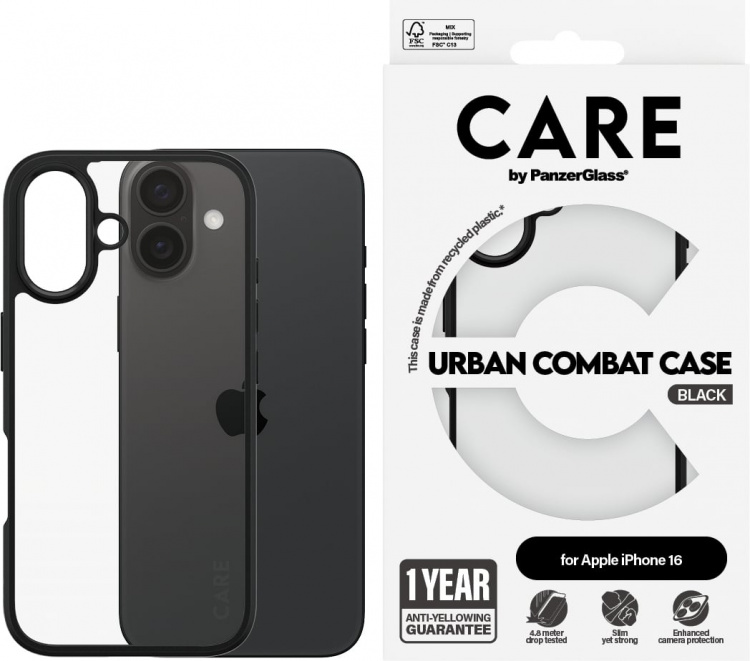 PanzerGlass CARE by PanzerGlass Urban Combat-beskyttelsesetui, Apple iPhone 16, klar / sort