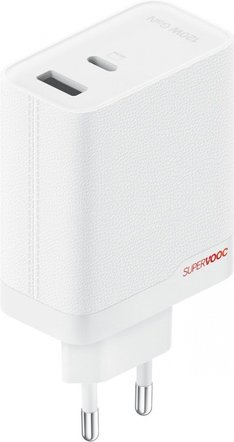 OnePlus SUPERVOOC 120 W strømadapter med to porte, hvid. Den