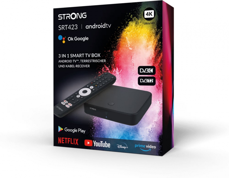 Strong SRT423 4K + DVB-T2/C Wi-Fi 4K Android TV-medieafspiller/digitalboks