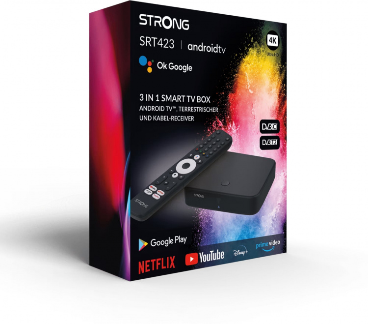Strong SRT423 4K + DVB-T2/C Wi-Fi 4K Android TV-medieafspiller/digitalboks