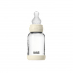 BIBS Glasflaske til baby, rund, med silikone, 1 stk., 120 ml, langsomt flow – elfenben – 120 ml
