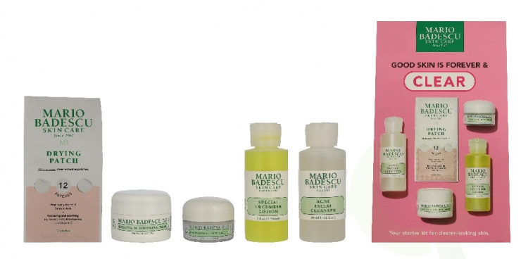 Mario Badescu Good Skin Is Forever & Clear Set 146 ml Acne Facial Cleanser 59ml/Special Cucumber Lotion 59ml/Healing & Soothing Mask 14gr/Hyaluronic Dew Cream 14gr/12 Patches